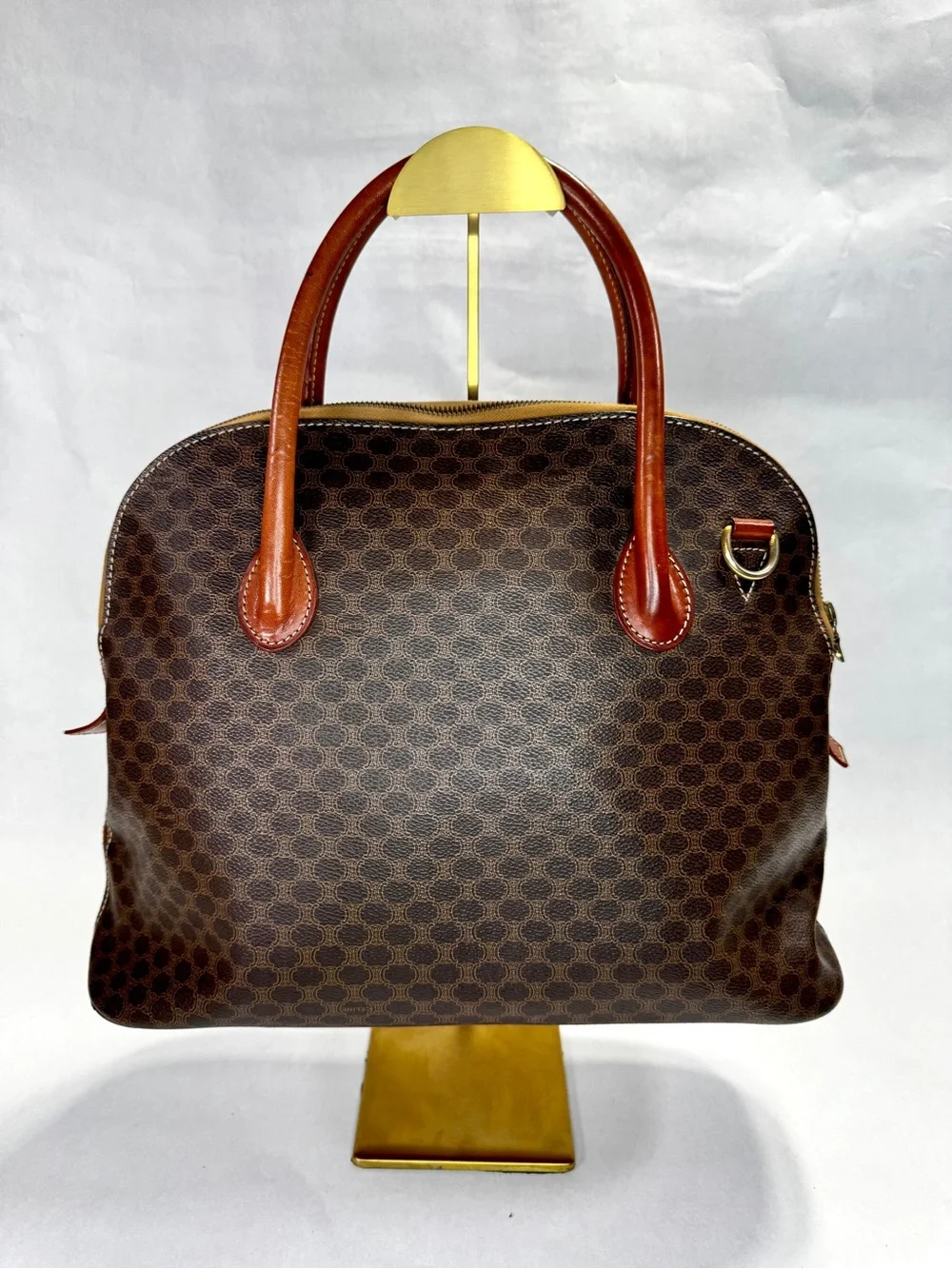 Vintage CELINE Macadam Boston Bag Brown Leather 2-Way Shoulder Satchel